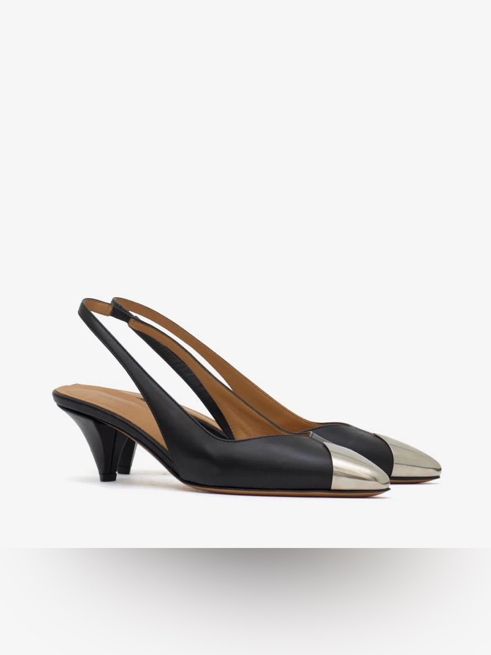 EUC Isabel Marant Elina Black Leather Slingback Heels with Silver Cap Toe
